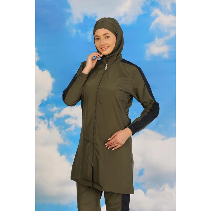 MİRAY- Kadın Pantolonlu Kolu Şeritli Tam Tesettür Mayo Haki