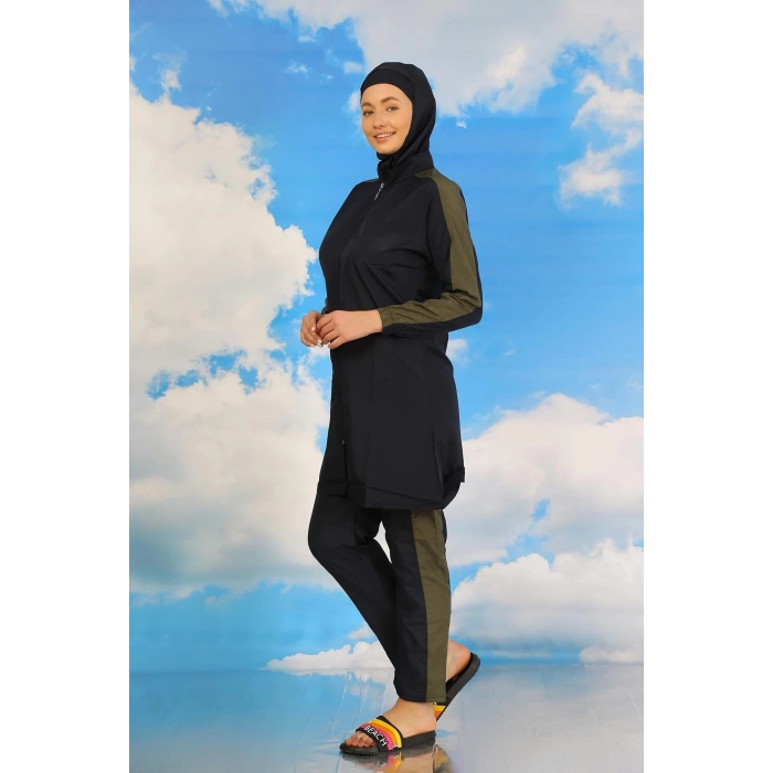 MİRAY- Kadın Pantolonlu Kolu Şeritli Tam Tesettür Mayo Lacivert