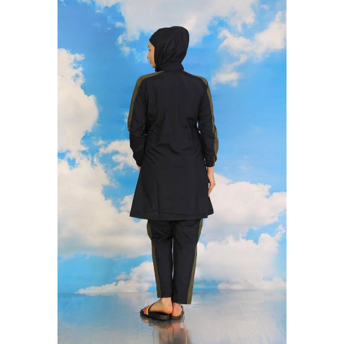 MİRAY- Kadın Pantolonlu Kolu Şeritli Tam Tesettür Mayo Lacivert