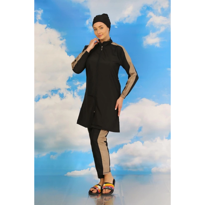 MİRAY- Kadın Pantolonlu Kolu Şeritli Tam Tesettür Mayo Siyah