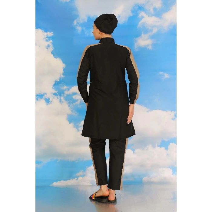MİRAY- Kadın Pantolonlu Kolu Şeritli Tam Tesettür Mayo Siyah