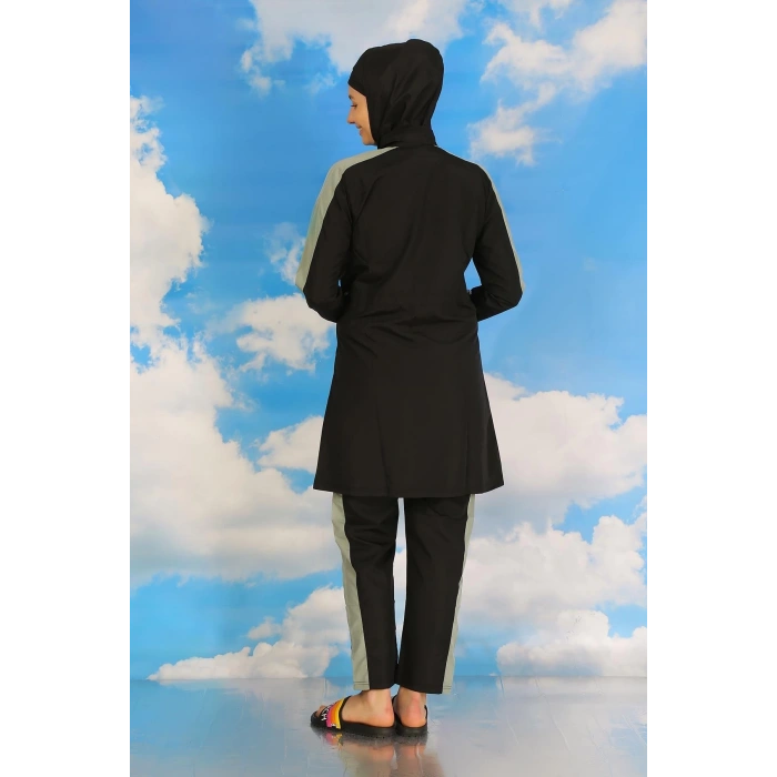 MİRAY- Kadın Pantolonlu Kolu Şeritli Tam Tesettür Mayo Siyah