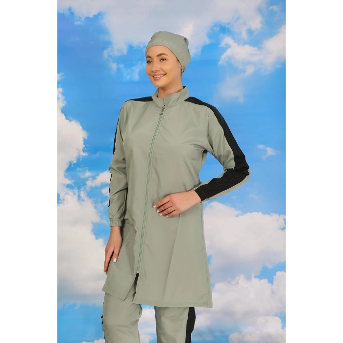 MİRAY- Kadın Pantolonlu Kolu Şeritli Tam Tesettür Mayo Su Yeşili