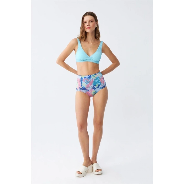 MİRAY- Kadın Pedli Üst Tropik Desenli Yüksek Bel Bikini Takımı - Buz Mavisi