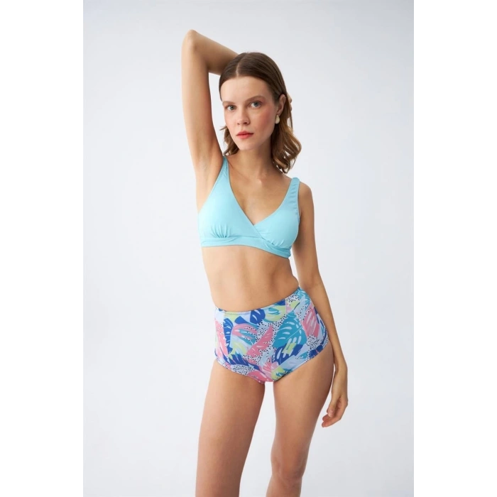 MİRAY- Kadın Pedli Üst Tropik Desenli Yüksek Bel Bikini Takımı - Buz Mavisi