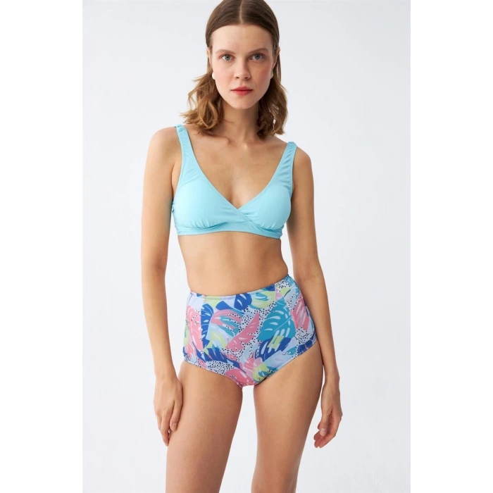 MİRAY- Kadın Pedli Üst Tropik Desenli Yüksek Bel Bikini Takımı - Buz Mavisi