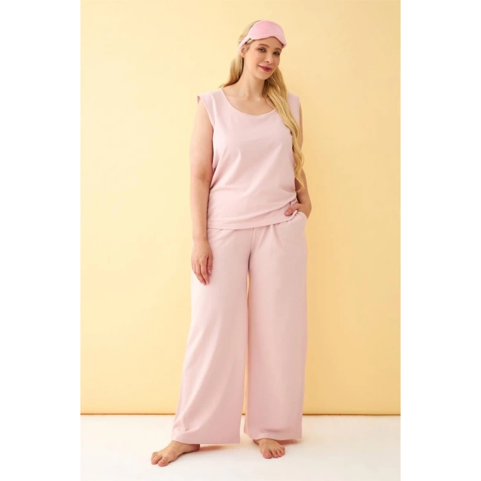 MİRAY- Kadın Pembe Büyük Beden Penye Alt Üst Takım