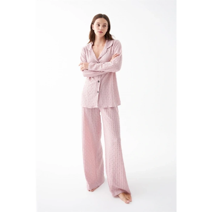 MİRAY- Kadın Pembe Önden Düğmeli Rahat Kesim Pijama Takımı – Günlük Ev Giyim Seti
