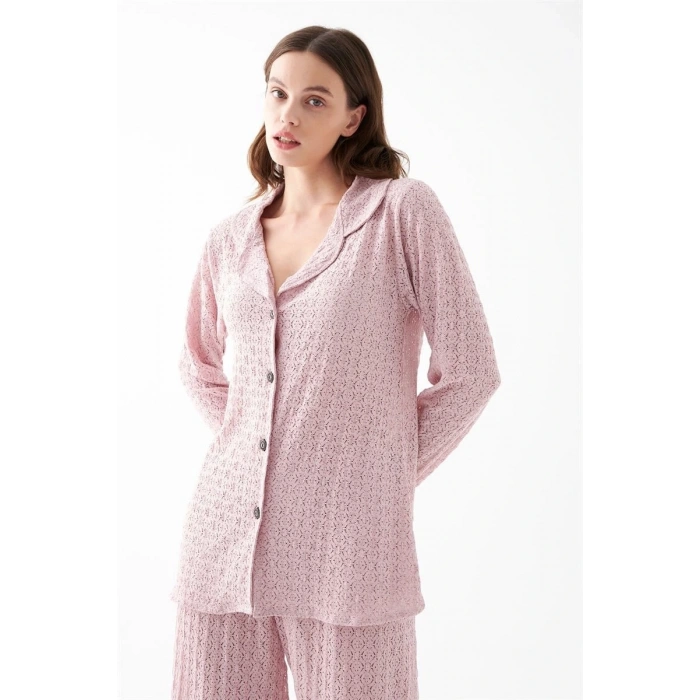 MİRAY- Kadın Pembe Önden Düğmeli Rahat Kesim Pijama Takımı – Günlük Ev Giyim Seti