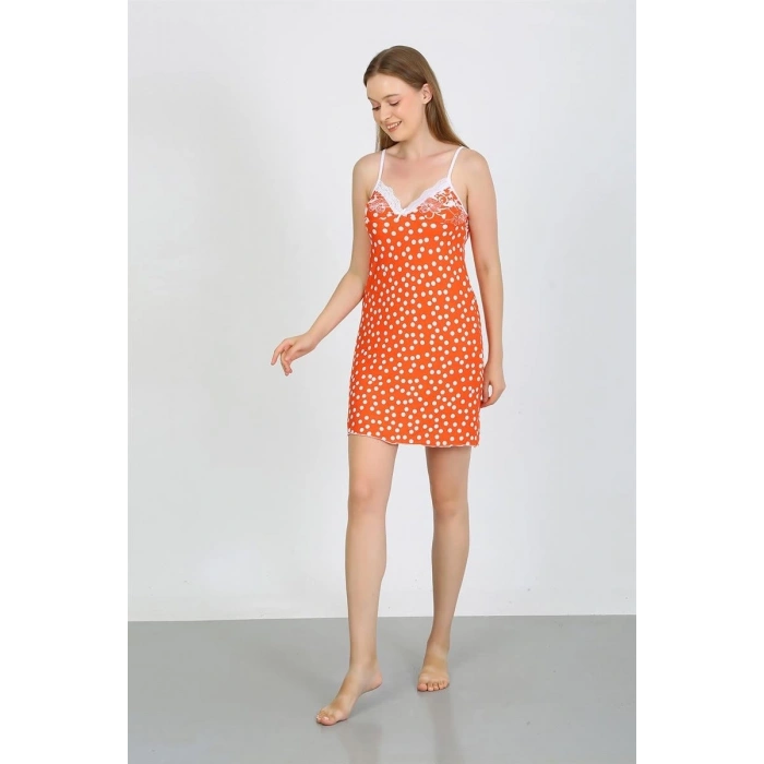 MİRAY- Kadın Penye İp Askılı Beyaz Puantiyeli Gecelik Turuncu