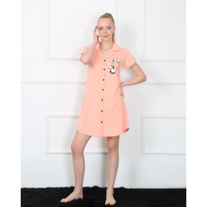 MİRAY- Kadın Penye Önden Düğmeli Pembe Tunik Gecelik