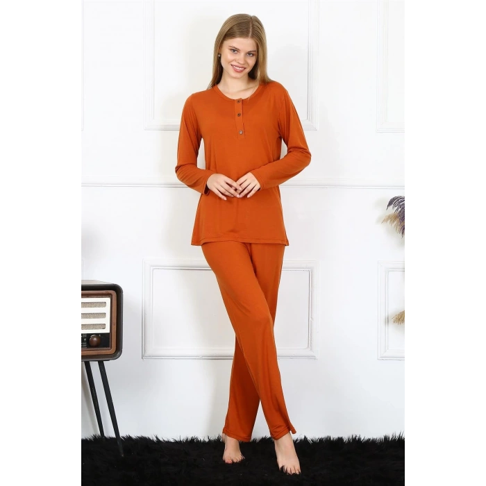 MİRAY- Kadın Penye Uzun Kol Patlı Pijama Takım Kiremit
