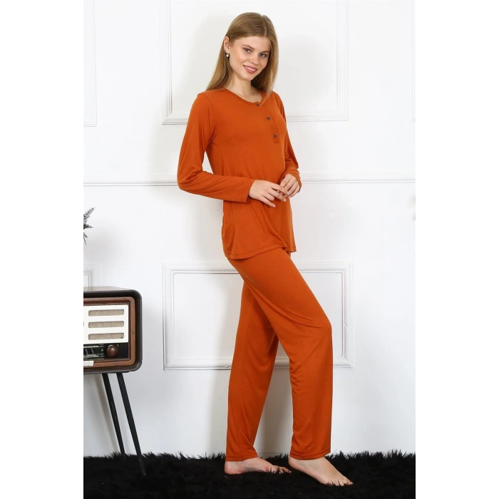 MİRAY- Kadın Penye Uzun Kol Patlı Pijama Takım Kiremit