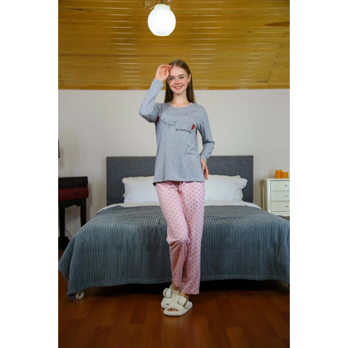 MİRAY- Kadın Penye Uzun Kol Pijama Takım Gri
