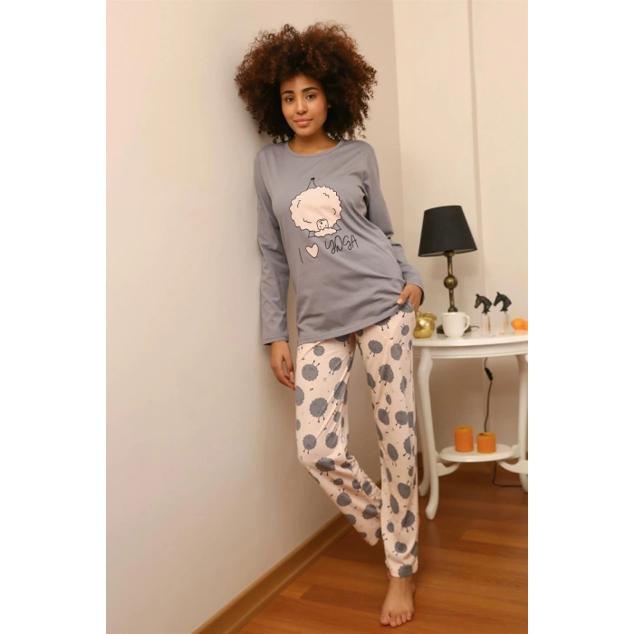 MİRAY- Kadın Penye Uzun Kol Pijama Takım Gri