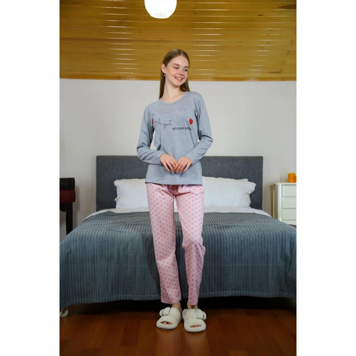 MİRAY- Kadın Penye Uzun Kol Pijama Takım Gri
