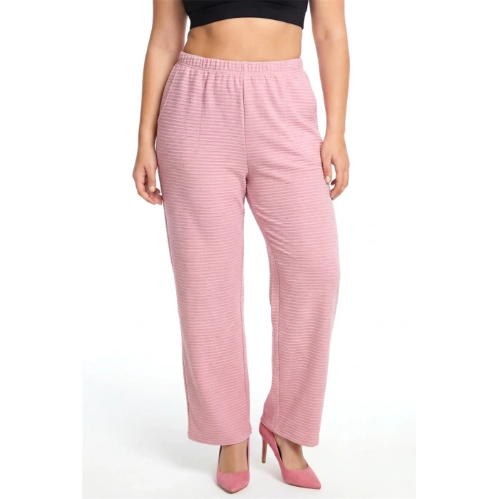 MİRAY- Kadın Pudra Pembe Dokulu Büyük Beden Cepli Pijama Altı