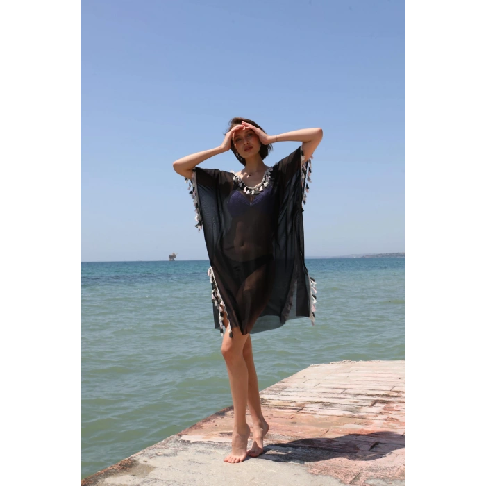 MİRAY- Kadın Püsküllü Tunik Pareo Plaj Elbisesi Siyah
