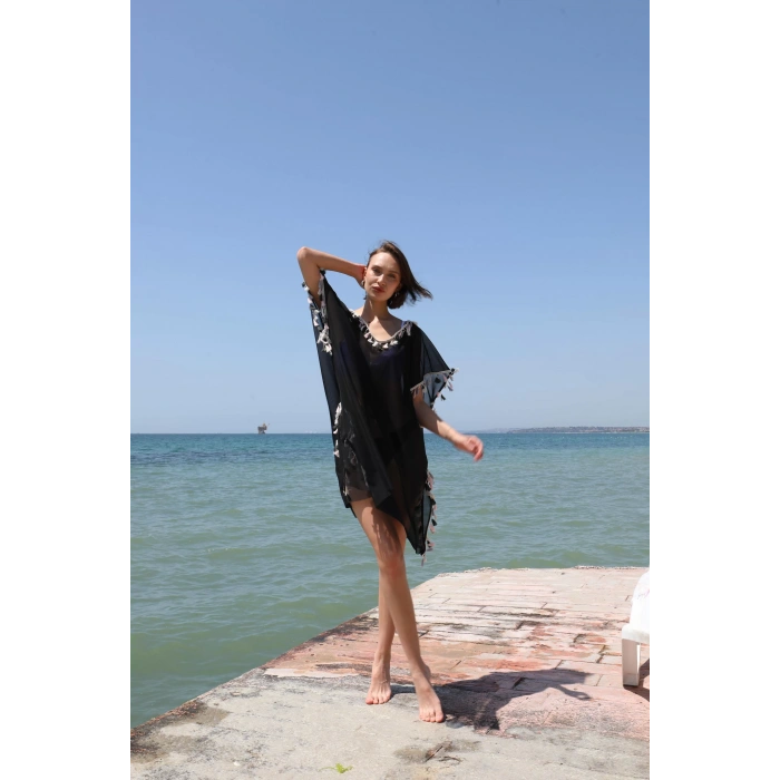 MİRAY- Kadın Püsküllü Tunik Pareo Plaj Elbisesi Siyah
