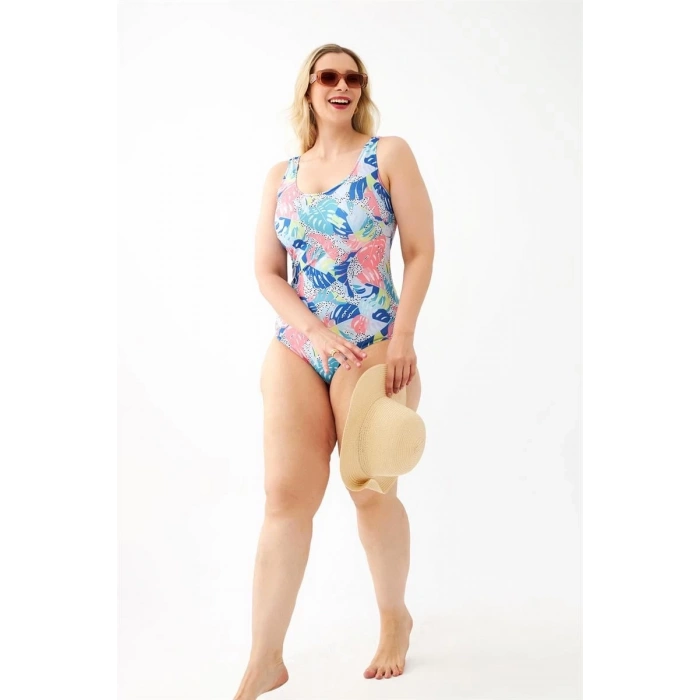 MİRAY- Kadın Renkli Tropikal Desenli Büyük Beden Tek Parça Mayo