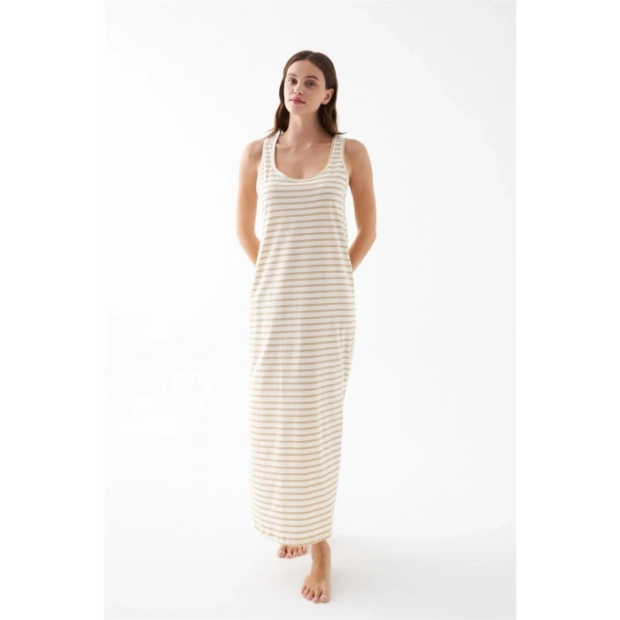 MİRAY- Kadın Sarı Çizgili Askılı Uzun Gecelik – Rahat Kesim Günlük Uyku Geceliği
