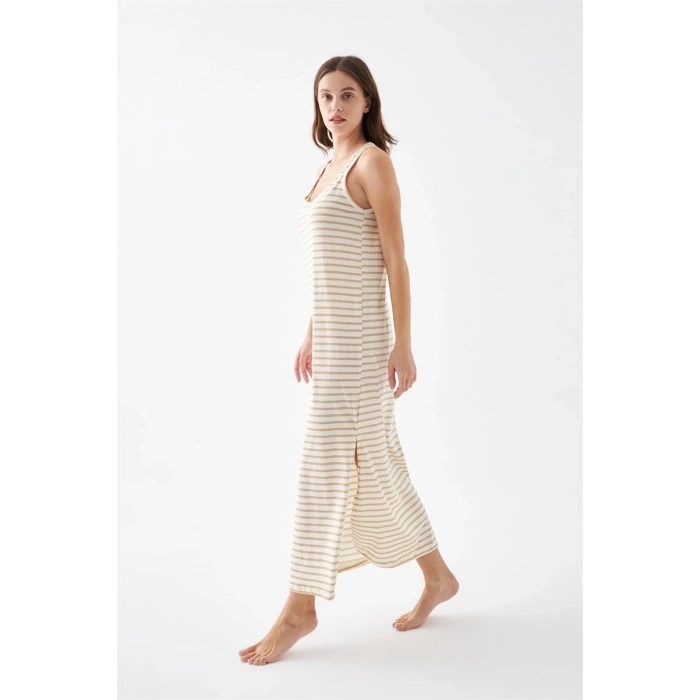 MİRAY- Kadın Sarı Çizgili Askılı Uzun Gecelik – Rahat Kesim Günlük Uyku Geceliği