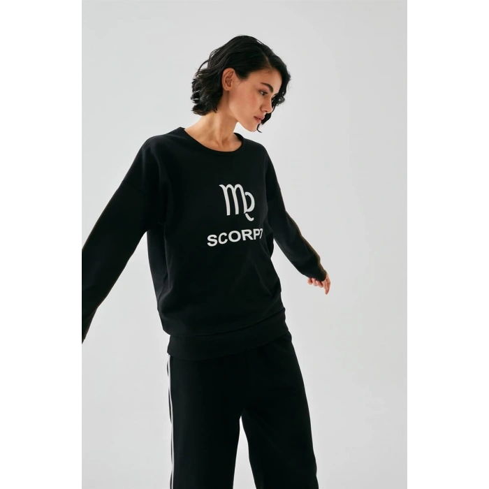 MİRAY- Kadın Siyah Akrep Burcu Oversize 2 İplik Eşofman Ev Giyim Takımı