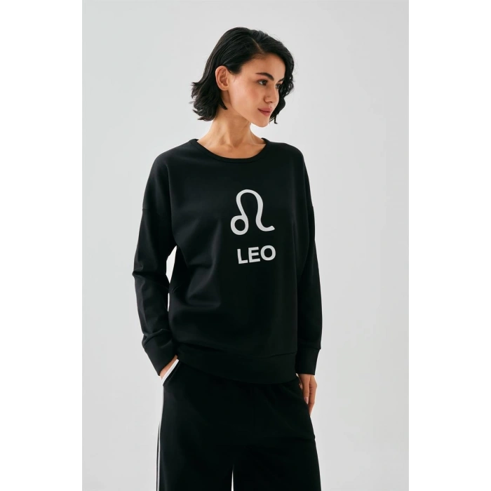 MİRAY- Kadın Siyah Aslan Burcu Oversize 2 İplik Eşofman Ev Giyim Takımı