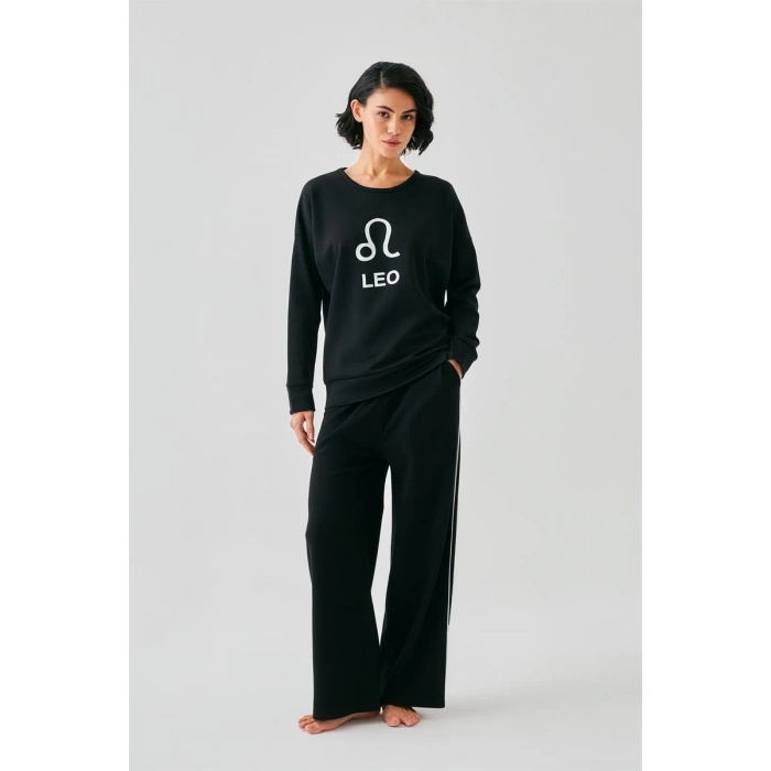 MİRAY- Kadın Siyah Aslan Burcu Oversize 2 İplik Eşofman Ev Giyim Takımı