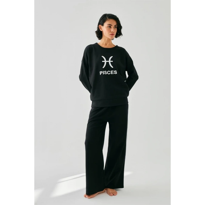 MİRAY- Kadın Siyah Balık Burcu Oversize 2 İplik Eşofman Ev Giyim Takımı