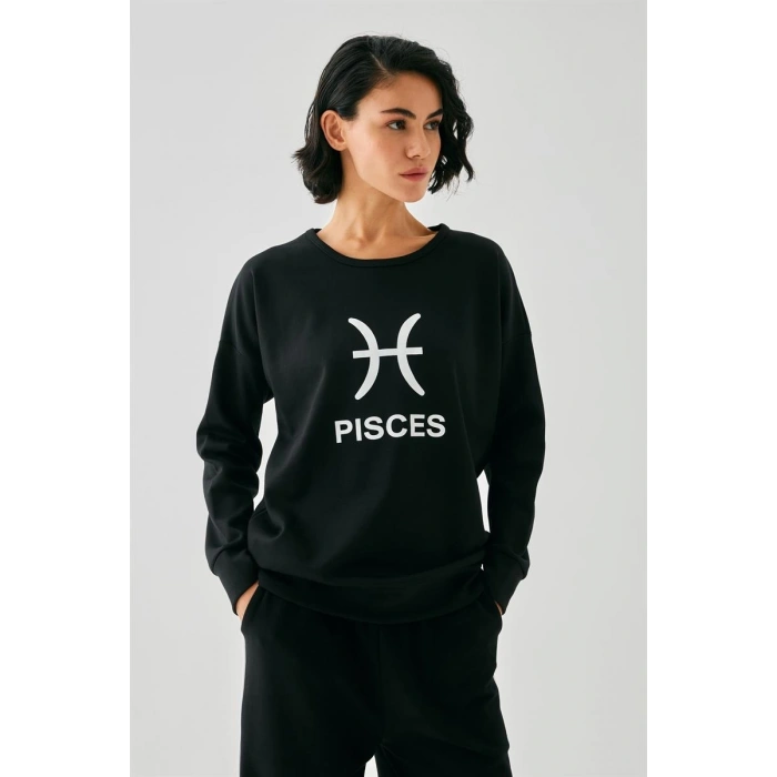 MİRAY- Kadın Siyah Balık Burcu Oversize 2 İplik Eşofman Ev Giyim Takımı