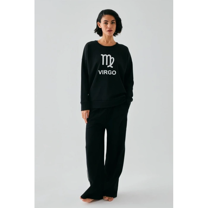 MİRAY- Kadın Siyah Başak Burcu Oversize 2 İplik Eşofman Ev Giyim Takımı