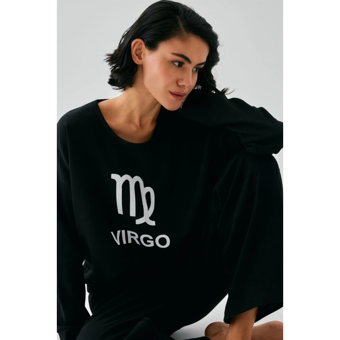 MİRAY- Kadın Siyah Başak Burcu Oversize 2 İplik Eşofman Ev Giyim Takımı