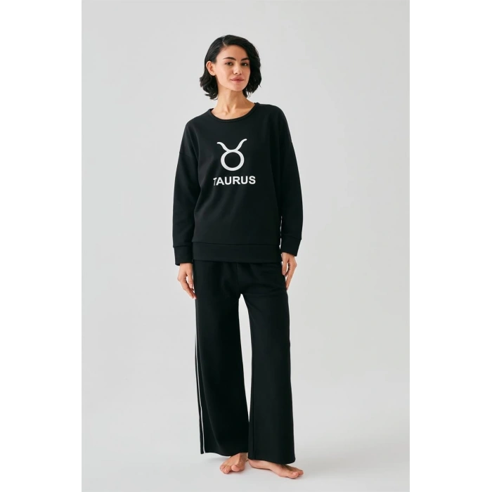 MİRAY- Kadın Siyah Boğa Burcu Oversize 2 İplik Eşofman Ev Giyim Takımı