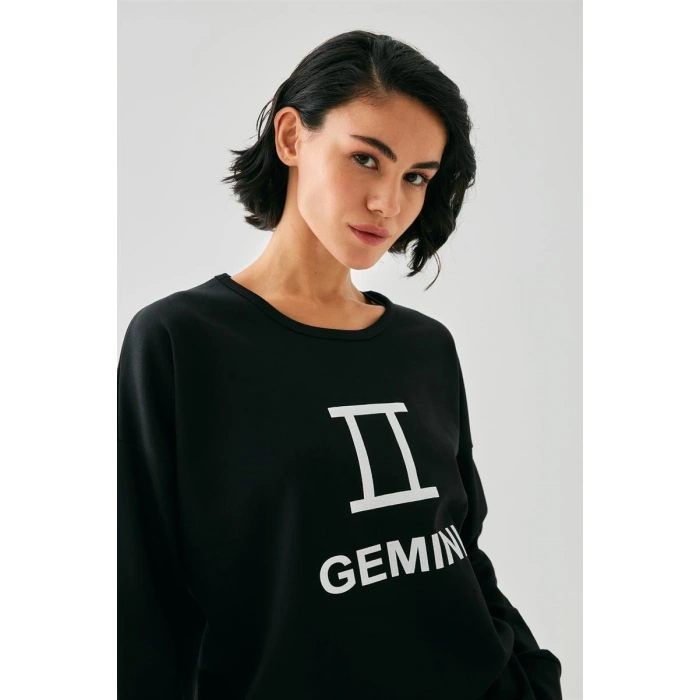 MİRAY- Kadın Siyah İkizler Burcu Oversize 2 İplik Eşofman Ev Giyim Takımı