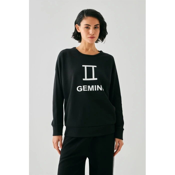 MİRAY- Kadın Siyah İkizler Burcu Oversize 2 İplik Eşofman Ev Giyim Takımı