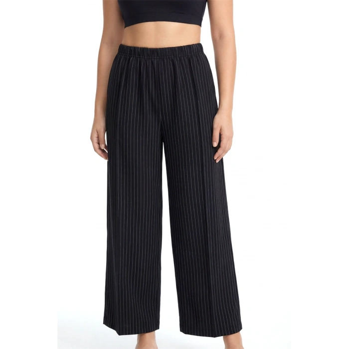 MİRAY- Kadın Siyah İnce Çizgili Büyük Beden Cepli Pijama Altı