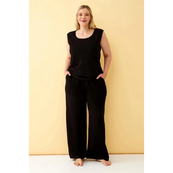 MİRAY- Kadın Siyah Keten Jakarlı Büyük Beden Alt Üst Takım