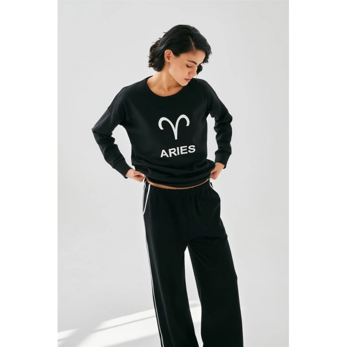 MİRAY- Kadın Siyah Koç Burcu Oversize 2 İplik Eşofman Ev Giyim Takımı