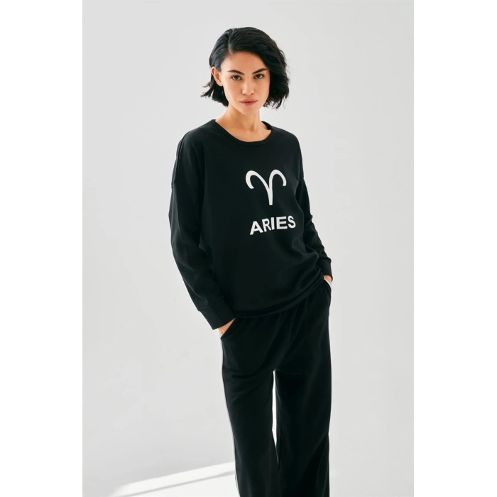 MİRAY- Kadın Siyah Koç Burcu Oversize 2 İplik Eşofman Ev Giyim Takımı