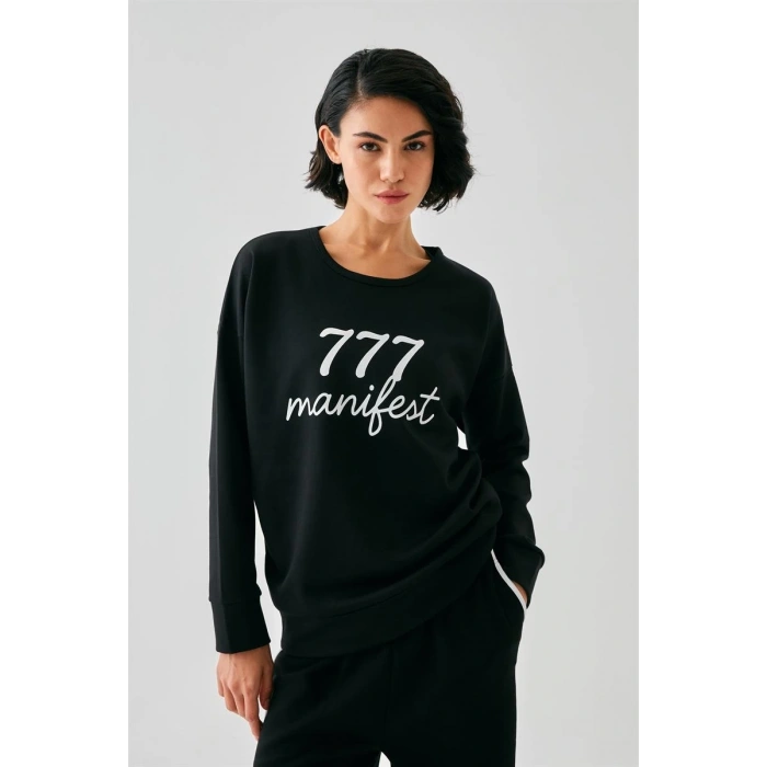 MİRAY- Kadın Siyah Manifest Oversize 2 İplik Eşofman Ev Giyim Takımı