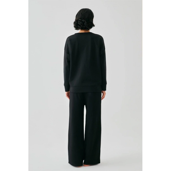 MİRAY- Kadın Siyah Manifest Oversize 2 İplik Eşofman Ev Giyim Takımı