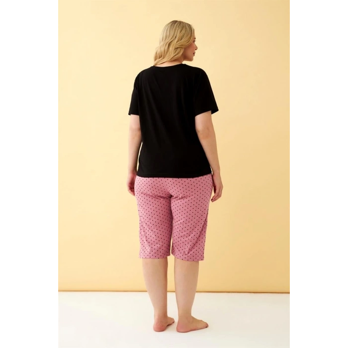 MİRAY- Kadın Siyah “No Rules Just Ride” Yazılı Büyük Beden Kapri Pijama Takımı