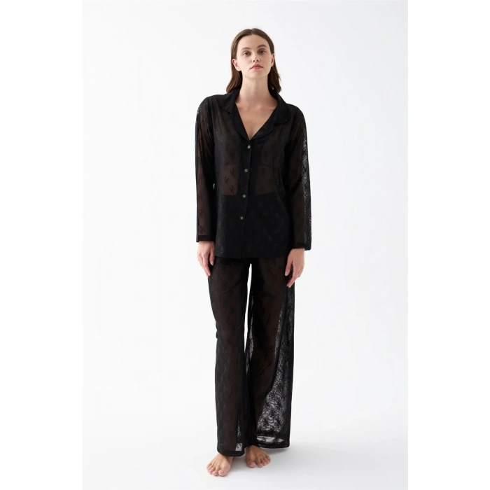 MİRAY- Kadın Siyah Şeffaf Jakar Düğmeli Pijama Takımı
