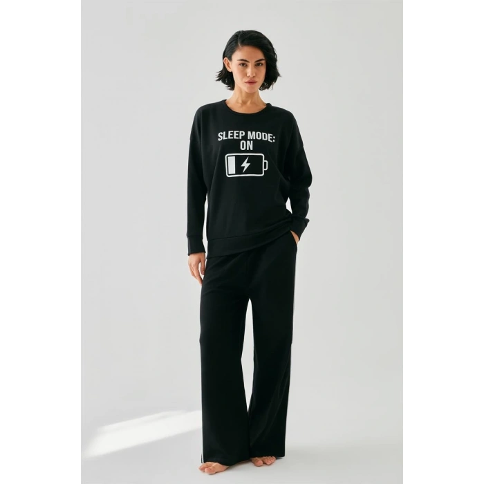 MİRAY- Kadın Siyah Sleep Mode ON Oversize 2 İplik Eşofman Ev Giyim Takımı