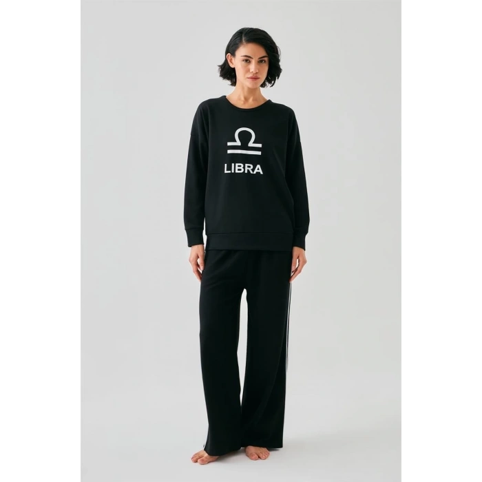 MİRAY- Kadın Siyah Terazi Burcu Oversize 2 İplik Eşofman Ev Giyim Takımı