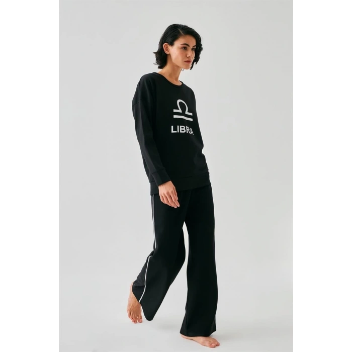 MİRAY- Kadın Siyah Terazi Burcu Oversize 2 İplik Eşofman Ev Giyim Takımı