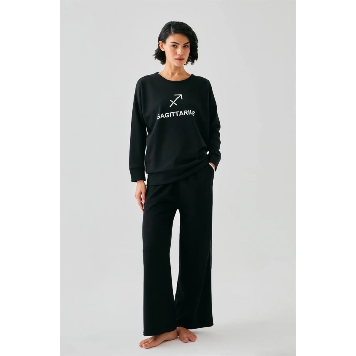 MİRAY- Kadın Siyah Yay Burcu Oversize 2 İplik Eşofman Ev Giyim Takımı