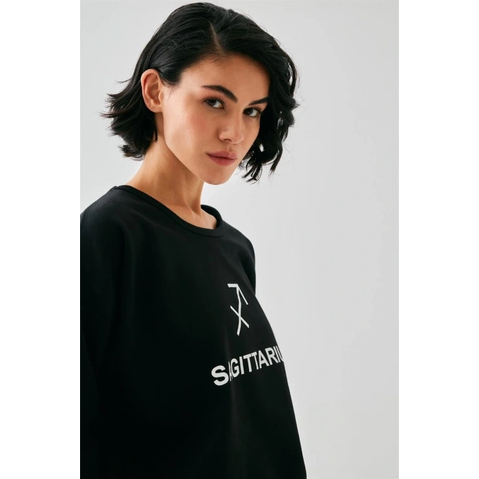 MİRAY- Kadın Siyah Yay Burcu Oversize 2 İplik Eşofman Ev Giyim Takımı