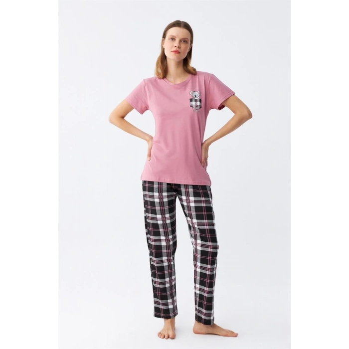 MİRAY- Kadın Somon Ayıcık Baskılı Ekoseli Penye Pijama Takımı
